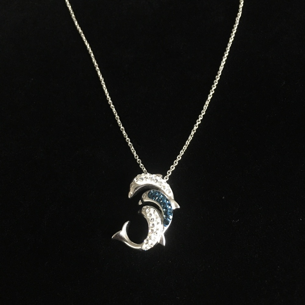 Silver Tone Rhinestone Crystal Dolphin Necklace